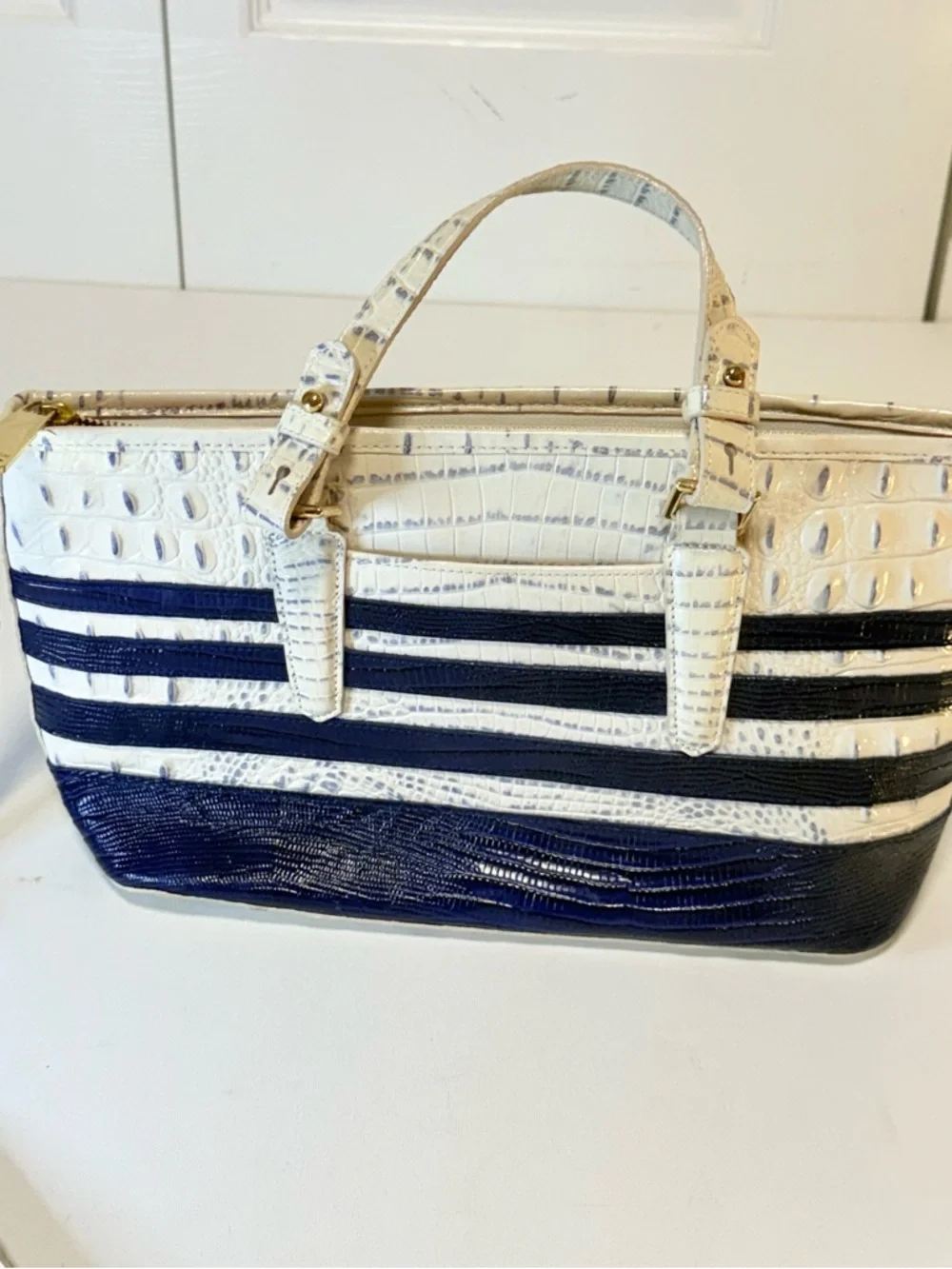 Brahmin Mini Asher Corsica Vineyard Navy Striped Croc Leather Satchel